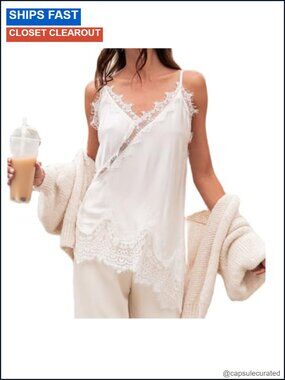 Satin Lace Cami Top Silky Lace Trim Spaghetti Strap Asymmetrical Camisole Slip